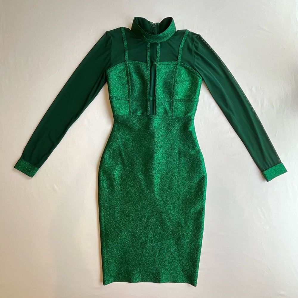 Emerald Green Glitter Bodycon Cocktail Dress Long Sleeve Mock Neck Size S